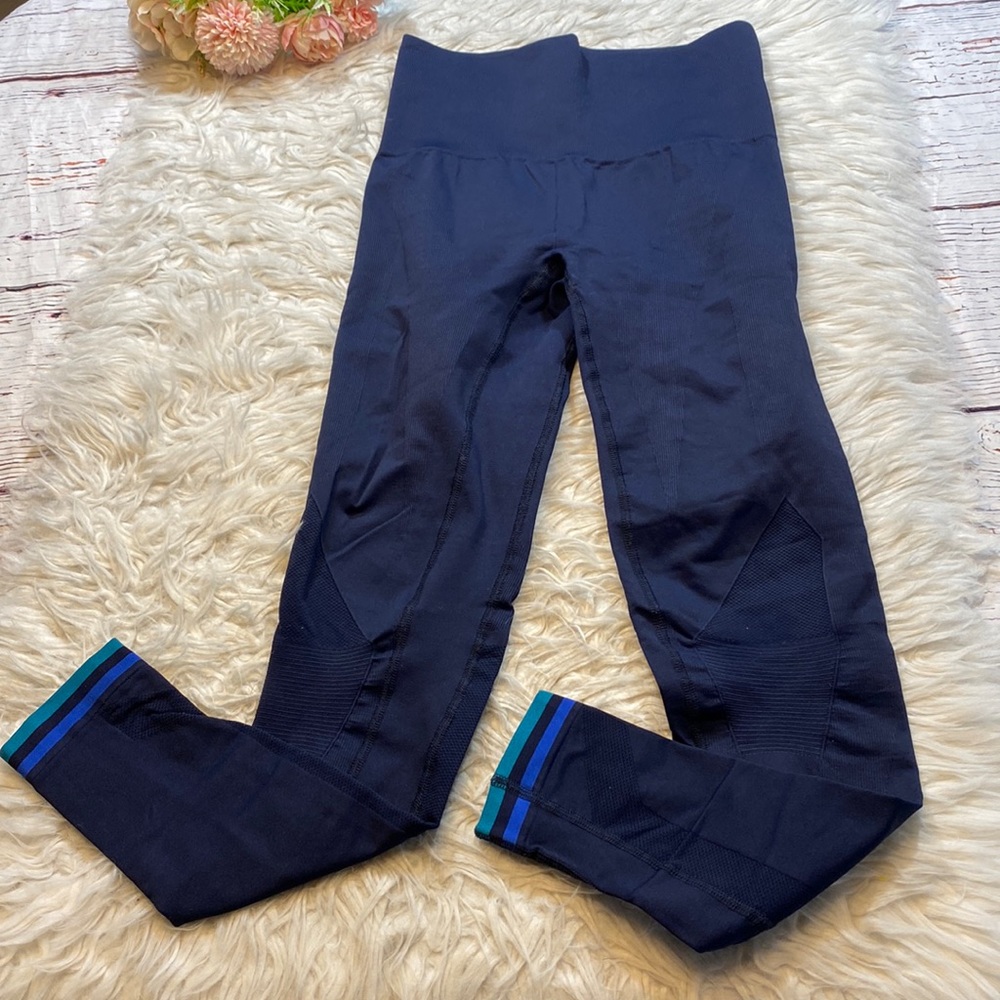 Women's Navy Performance Leggings with Decorative Ankle Stripes